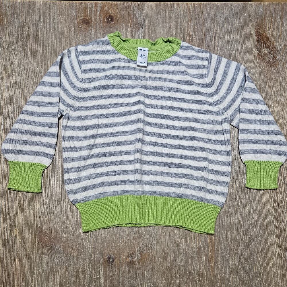 Old Navy Baby Sweater 18-24 Months Gray White Striped Green Trim Long Sleeve...